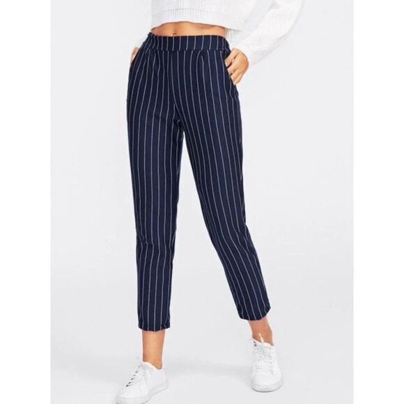 A New Day Woman’s Navy Pinstriped Pants 10 R Stretch High Rise Skinny Ankle - Picture 1 of 10